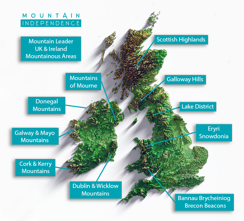 copyright Mountain Independence 2024 Mountainous areas are Snowdonia, Brecon Beacons, Lake District, Mountains of Mourne, Scottish Highlands, Galloway Hills, Cork & Kerry Mountains, Galway & Mayo Mountains, Donegal Mountains, Dublin & Wicklow Mountains